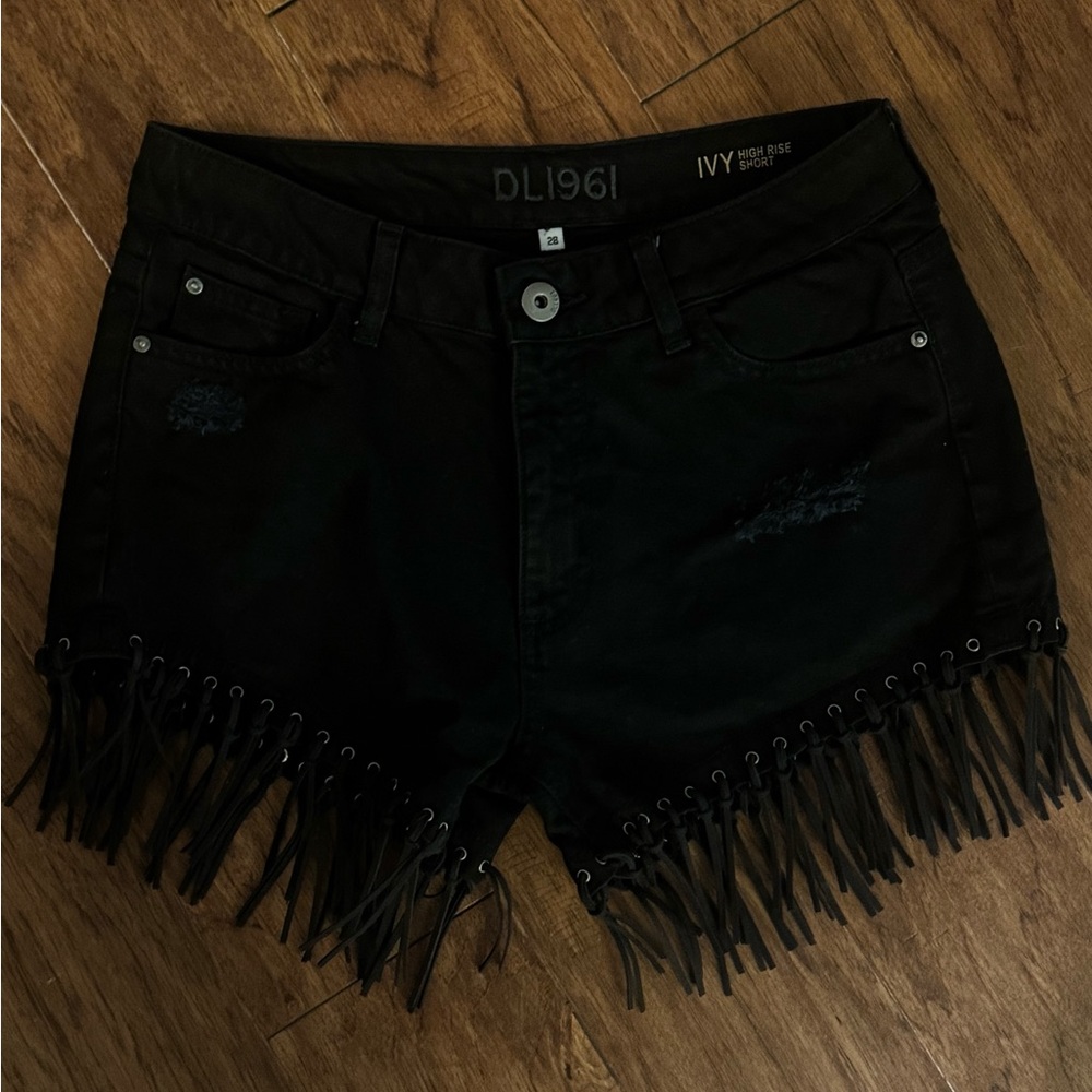 DL1961 Ivy Black Fringe Jean Shorts western country concert festival